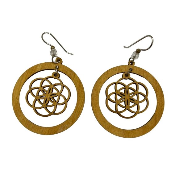 Wooden Flower of life Sacred Geometric Hoop Earrings 2" - Picture 2 of 2
